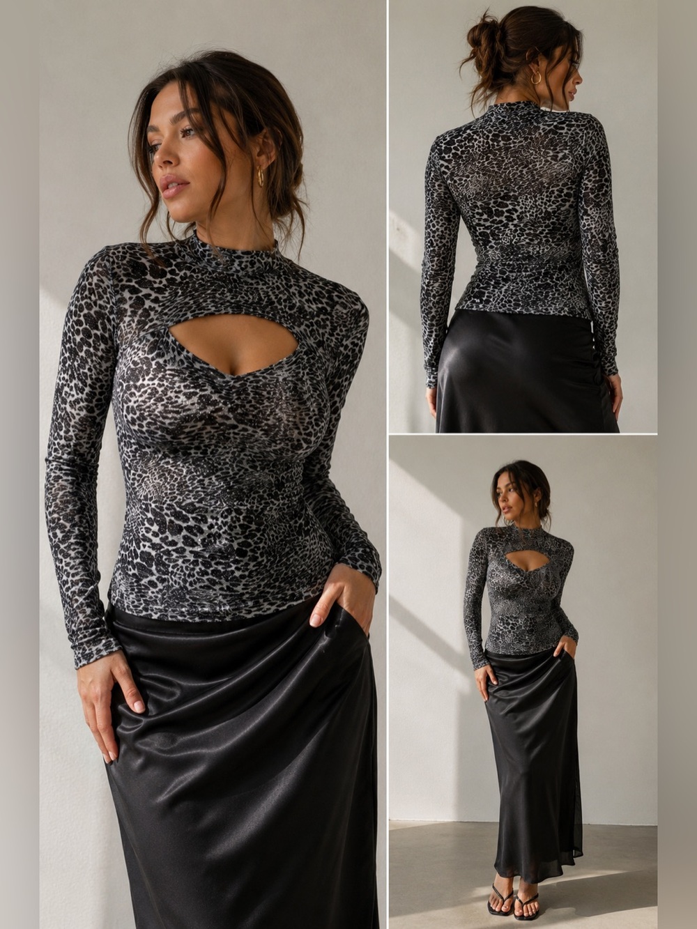 LEI JR Womens Long Sleeve Mock neck Silver Leopard Print Sz M W/ Slit At Chest